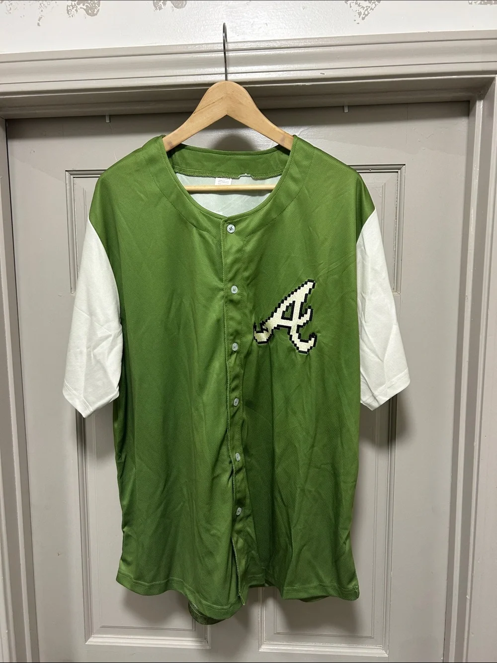 Green and White Baseball-Style Button-Up Shirt with 'A' Logo
